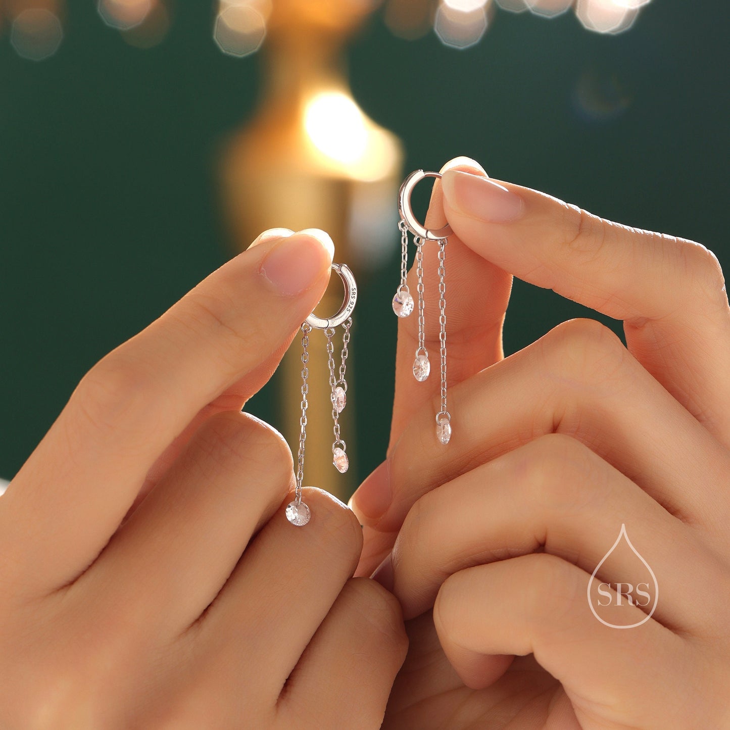 CZ Cascade Huggie Hoop Earrings in Sterling Silver, Silver or Gold, Geometric CZ Dangle Hoop Earrings, CZ Hoop Earrings