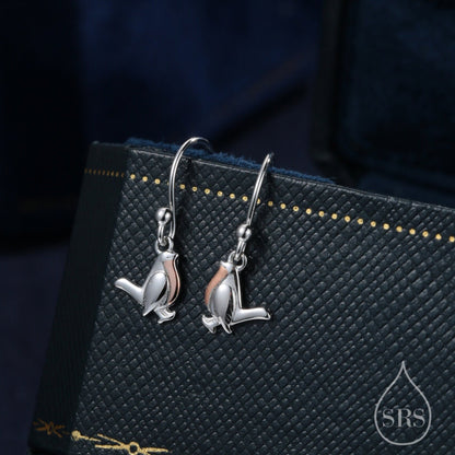 Robin Bird Drop Hook Earrings in Sterling Silver with Part Rose Gold Coating, Sterling Silver Robin Earrings, Nature Inspired