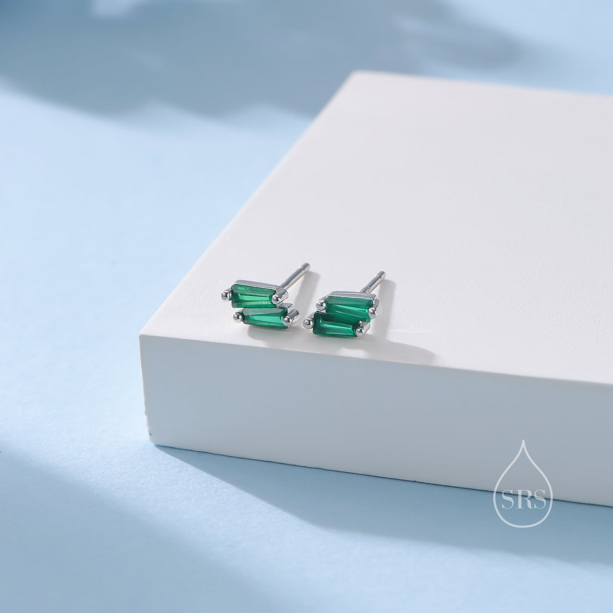 Double Trapezoid Emerald Green CZ Stud Earrings in Sterling Silver