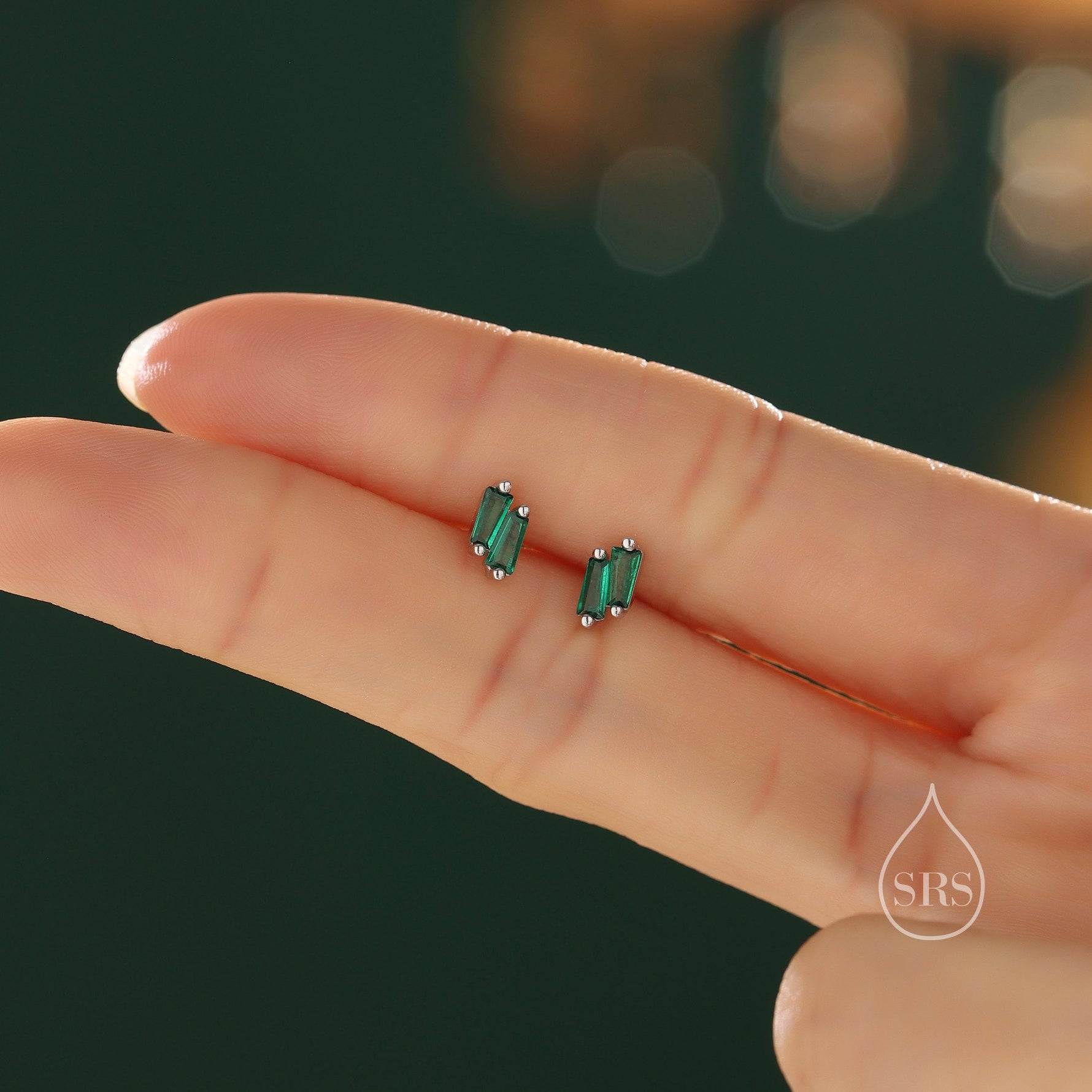 Double Trapezoid Emerald Green CZ 18G Screw Back Earrings in Sterling Silver