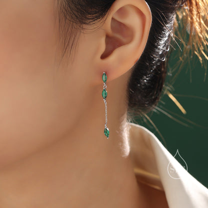 Asymmetric Marquise Emerald Green CZ Dangle Drop Stud Earrings in Sterling Silver, Marquise CZ Leave Earrings, Tree Branch Nature Inspired