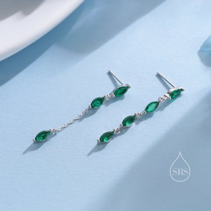 Asymmetric Marquise Emerald Green CZ Dangle Drop Stud Earrings in Sterling Silver, Marquise CZ Leave Earrings, Tree Branch Nature Inspired