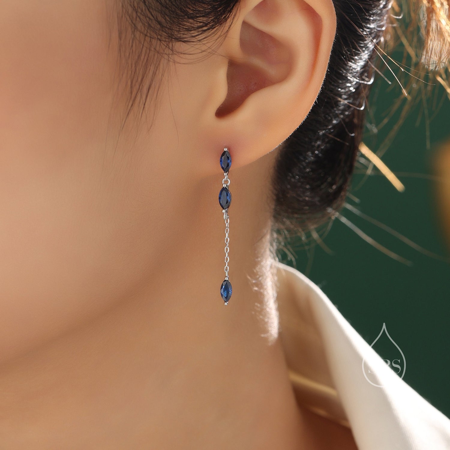 Asymmetric Sapphire Blue CZ Dangle Drop Stud Earrings in Sterling Silver, Marquise CZ Leave Earrings, Tree Branch Nature Inspired Design