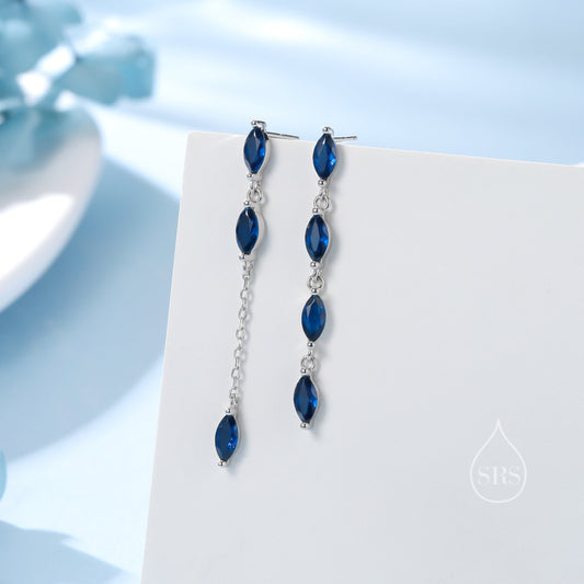 Asymmetric Sapphire Blue CZ Dangle Drop Stud Earrings in Sterling Silver, Marquise CZ Leave Earrings, Tree Branch Nature Inspired Design