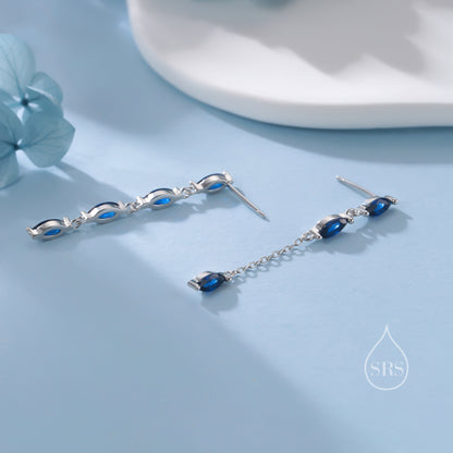 Asymmetric Sapphire Blue CZ Dangle Drop Stud Earrings in Sterling Silver, Marquise CZ Leave Earrings, Tree Branch Nature Inspired Design