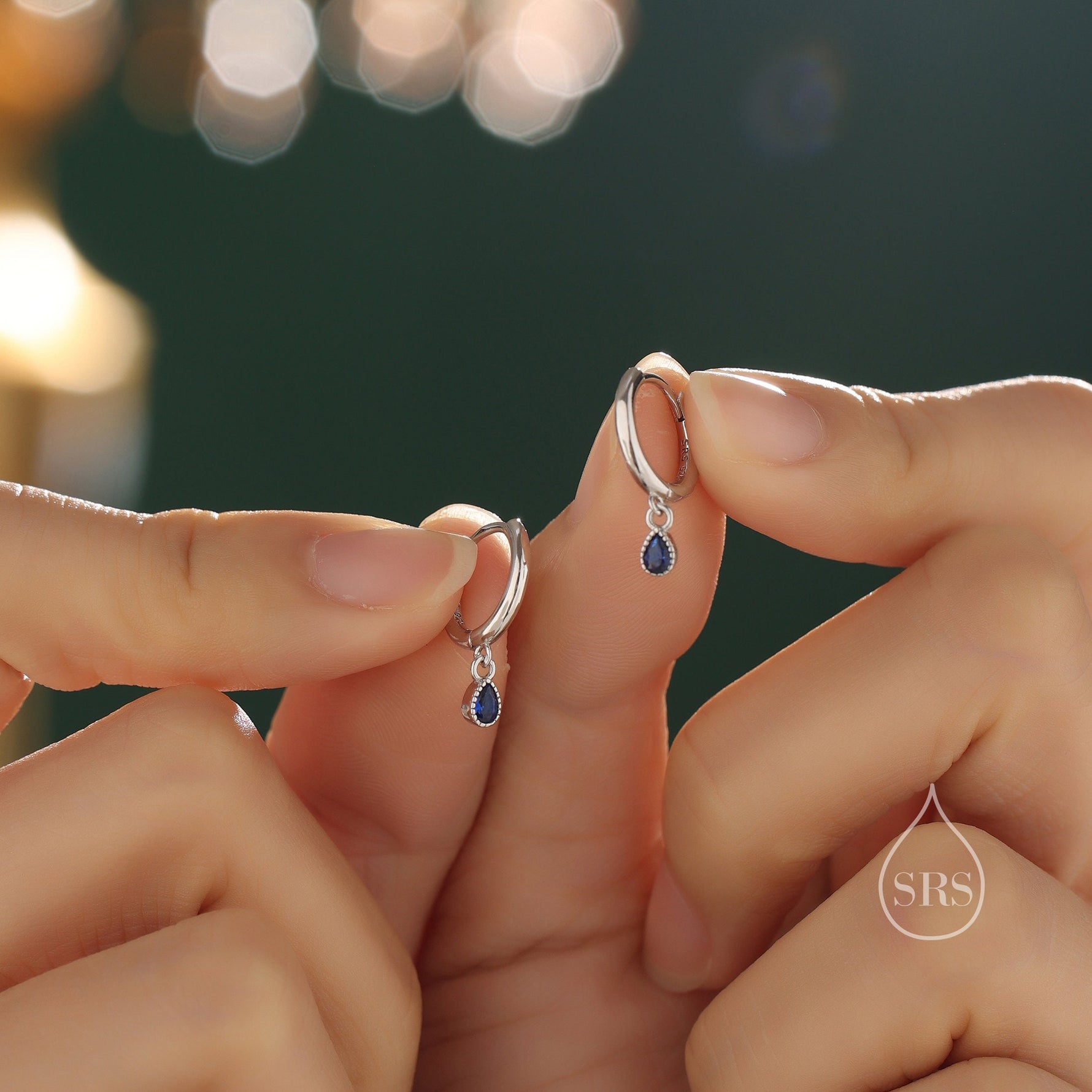 Extra Tiny Sapphire Blue Dotted Droplet CZ Huggie Hoop Earrings in Sterling Silver, Silver or Gold, Geometric Hoop Earrings, Vintage Style