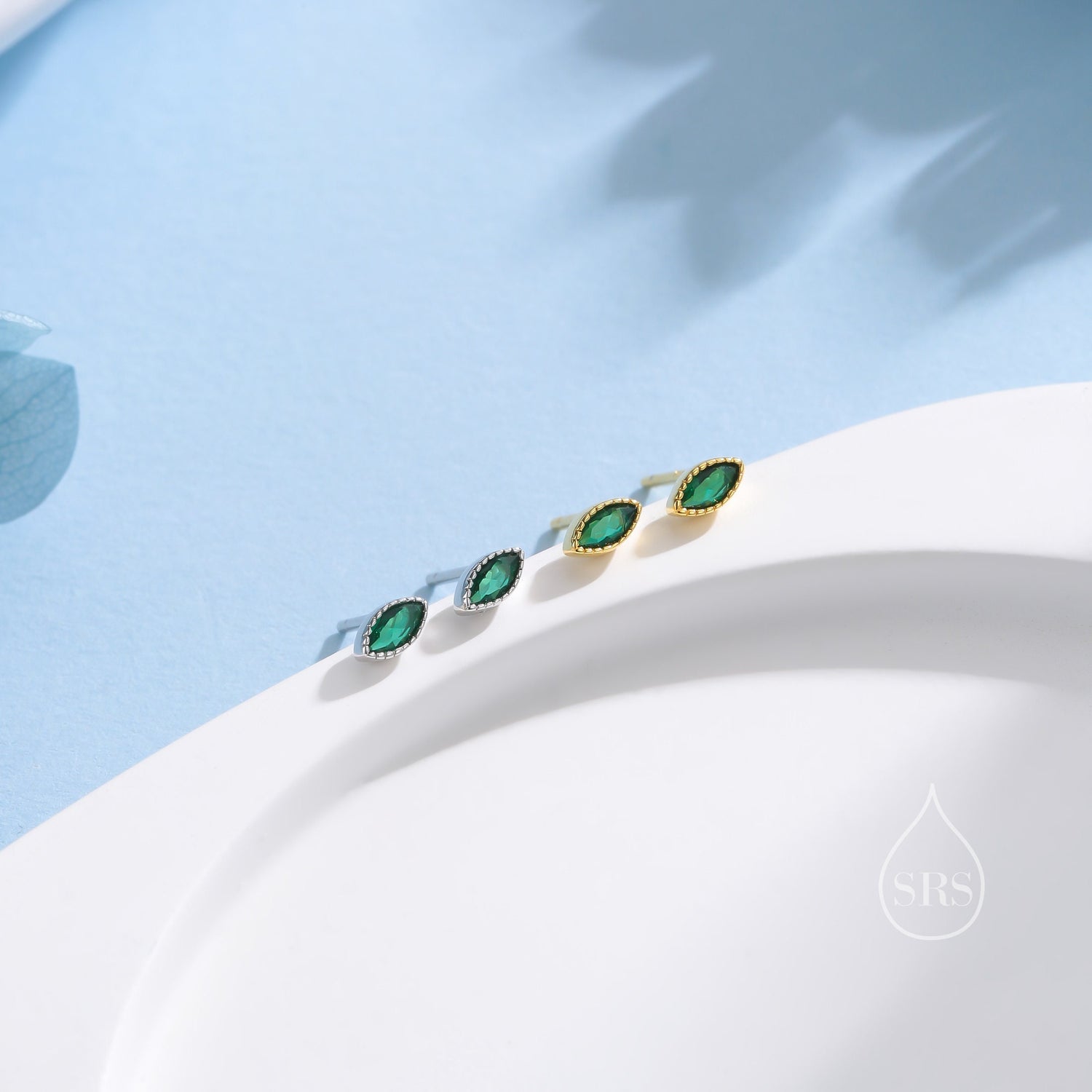 Extra Tiny Emerald Green Marquise CZ Stud Earrings in Sterling Silver, Silver or Gold,  Dainty Marquise Crystal Earrings, Vintage Inspired