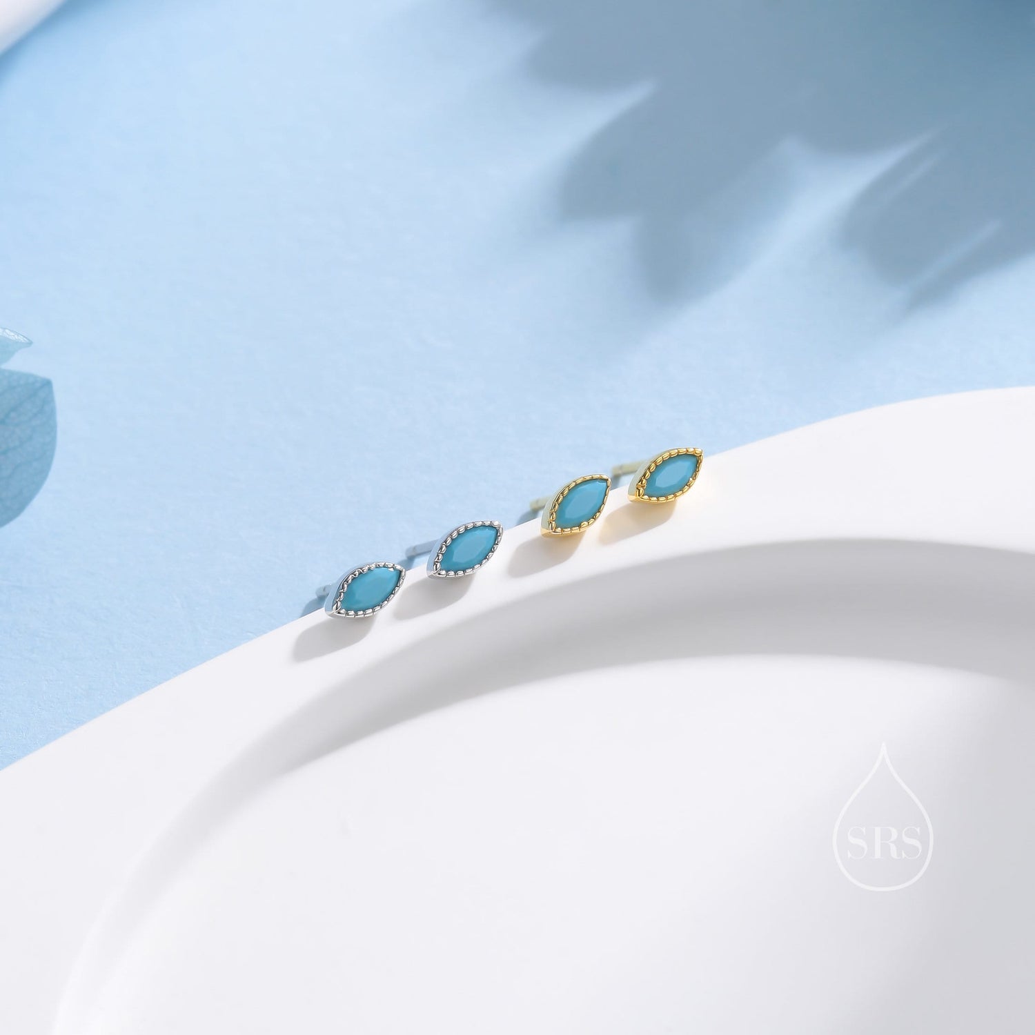 Extra Tiny Turquoise Blue Marquise CZ Stud Earrings in Sterling Silver, Silver or Gold, Dainty Marquise Crystal Earrings, Vintage Inspired