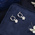 Daisy Dangle Drop Huggie Hoop in Sterling Silver, Partial Gold, Flower hoop Earrings, Forget Me Not Floral Earrings, 8mm Inner Diameter