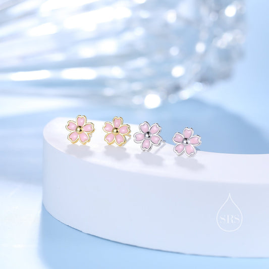 Enamel Cherry Blossom Stud Earrings in Sterling Silver, Pink Cherry Blossom Flower Earrings