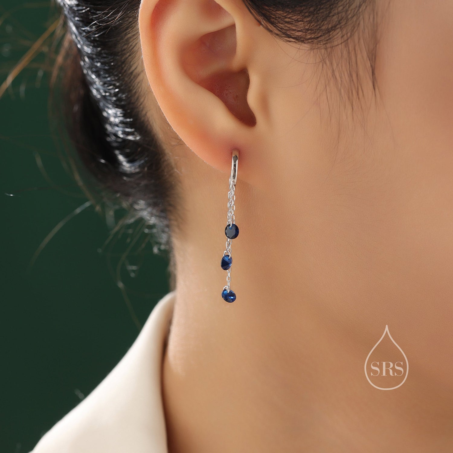 Sapphire Blue CZ Cascade Huggie Hoop Earrings in Sterling Silver, Silver or Gold, Geometric CZ Dangle Hoop Earrings, CZ Hoop Earrings