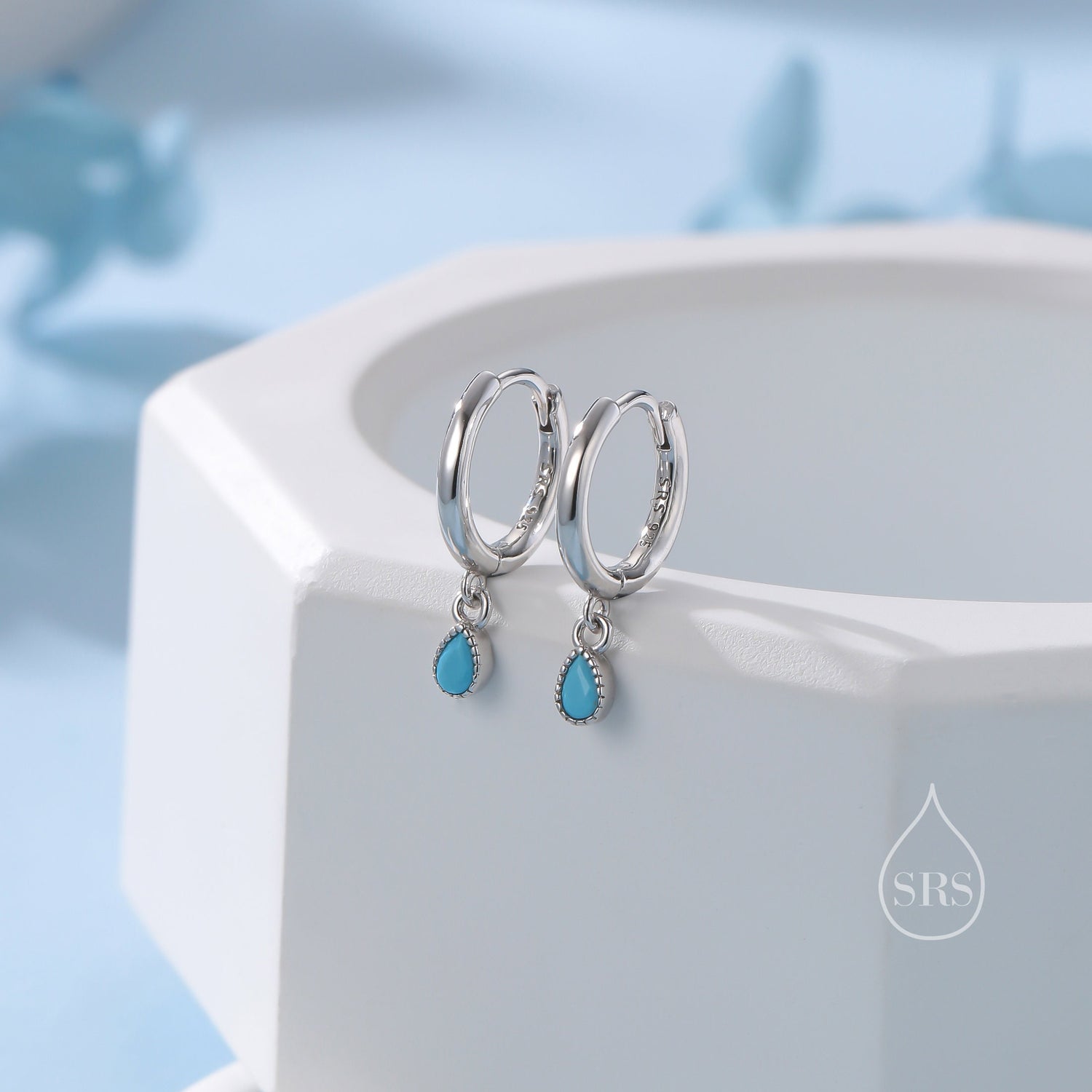 Tiny Dotted Droplet Turquoise Blue CZ Huggie Hoop Earrings in Sterling Silver, Silver or Gold, Geometric Hoop Earrings, Vintage Inspired