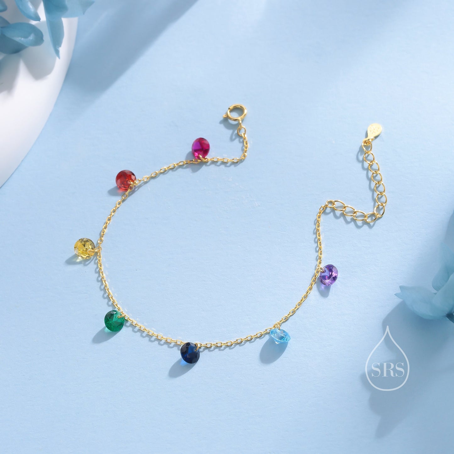 Rainbow Colour CZ Bracelet in Sterling Silver, Silver or Gold, Silver Dangle CZ Bracelet, CZ Cluster Bracelet, Crystal Charm Bracelet