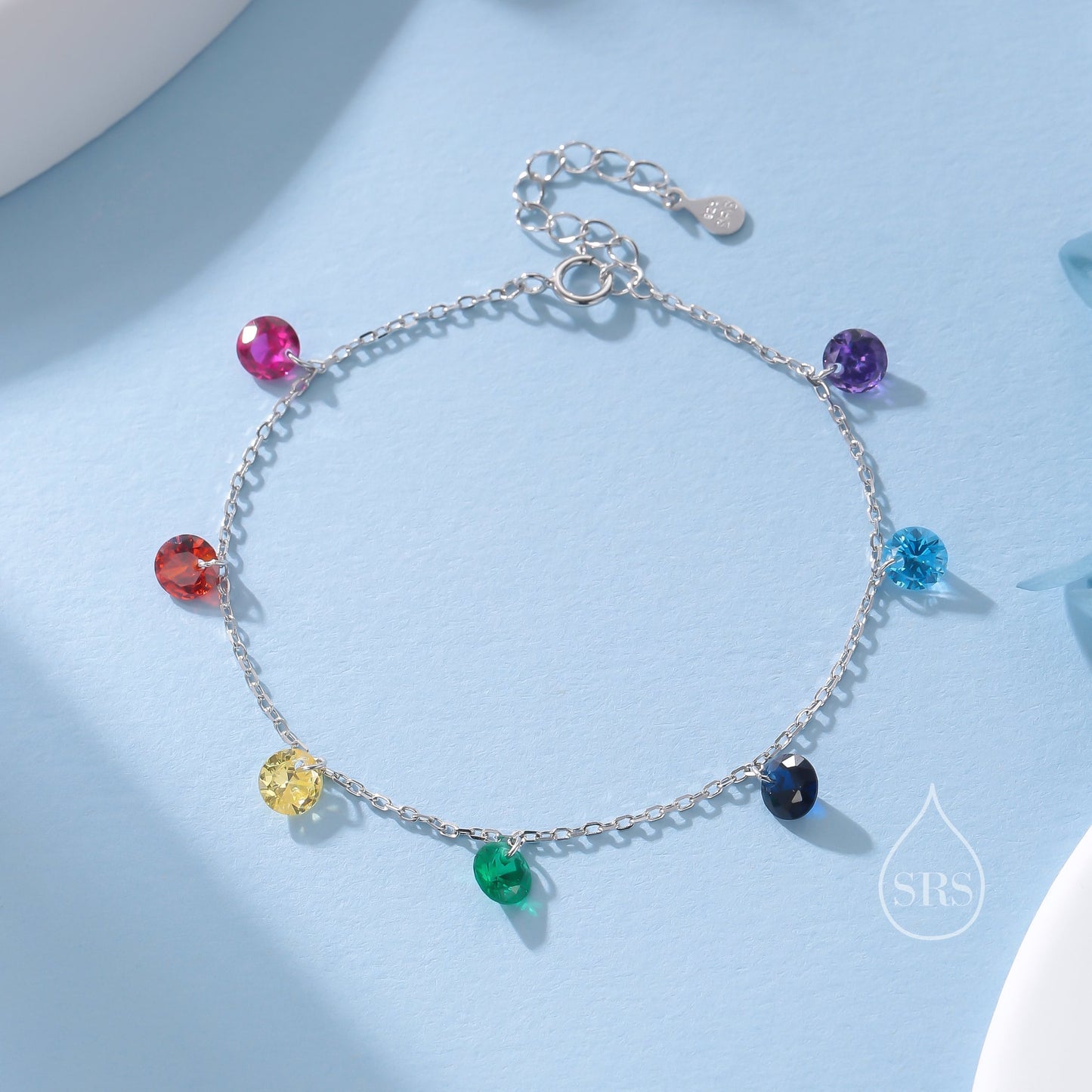 Rainbow Colour CZ Bracelet in Sterling Silver, Silver or Gold, Silver Dangle CZ Bracelet, CZ Cluster Bracelet, Crystal Charm Bracelet