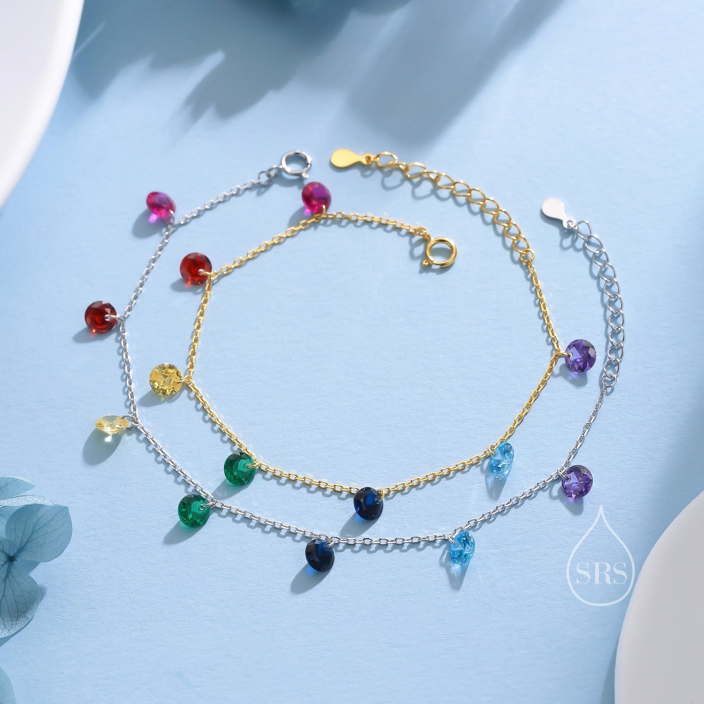 Rainbow Colour CZ Bracelet in Sterling Silver, Silver or Gold, Silver Dangle CZ Bracelet, CZ Cluster Bracelet, Crystal Charm Bracelet