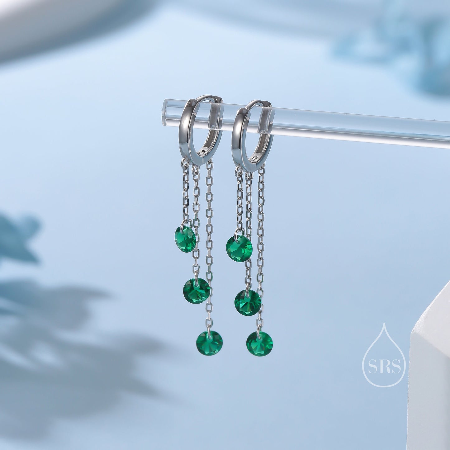 Emerald Green CZ Cascade Huggie Hoop Earrings in Sterling Silver, Silver or Gold, Geometric CZ Dangle Hoop Earrings, CZ Hoop Earrings