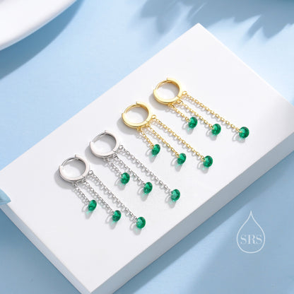 Emerald Green CZ Cascade Huggie Hoop Earrings in Sterling Silver, Silver or Gold, Geometric CZ Dangle Hoop Earrings, CZ Hoop Earrings