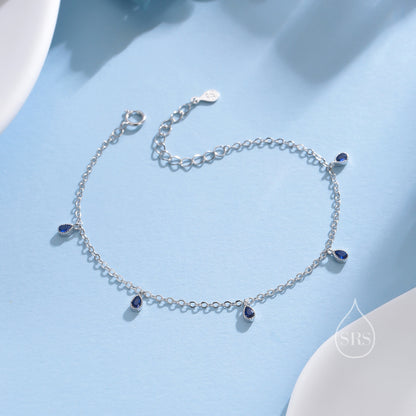 Sapphire Blue CZ Droplet Bracelet in Sterling Silver, Silver or Gold, Silver Blue CZ Pear Cut Bezel Bracelet, CZ Cluster Bracelet