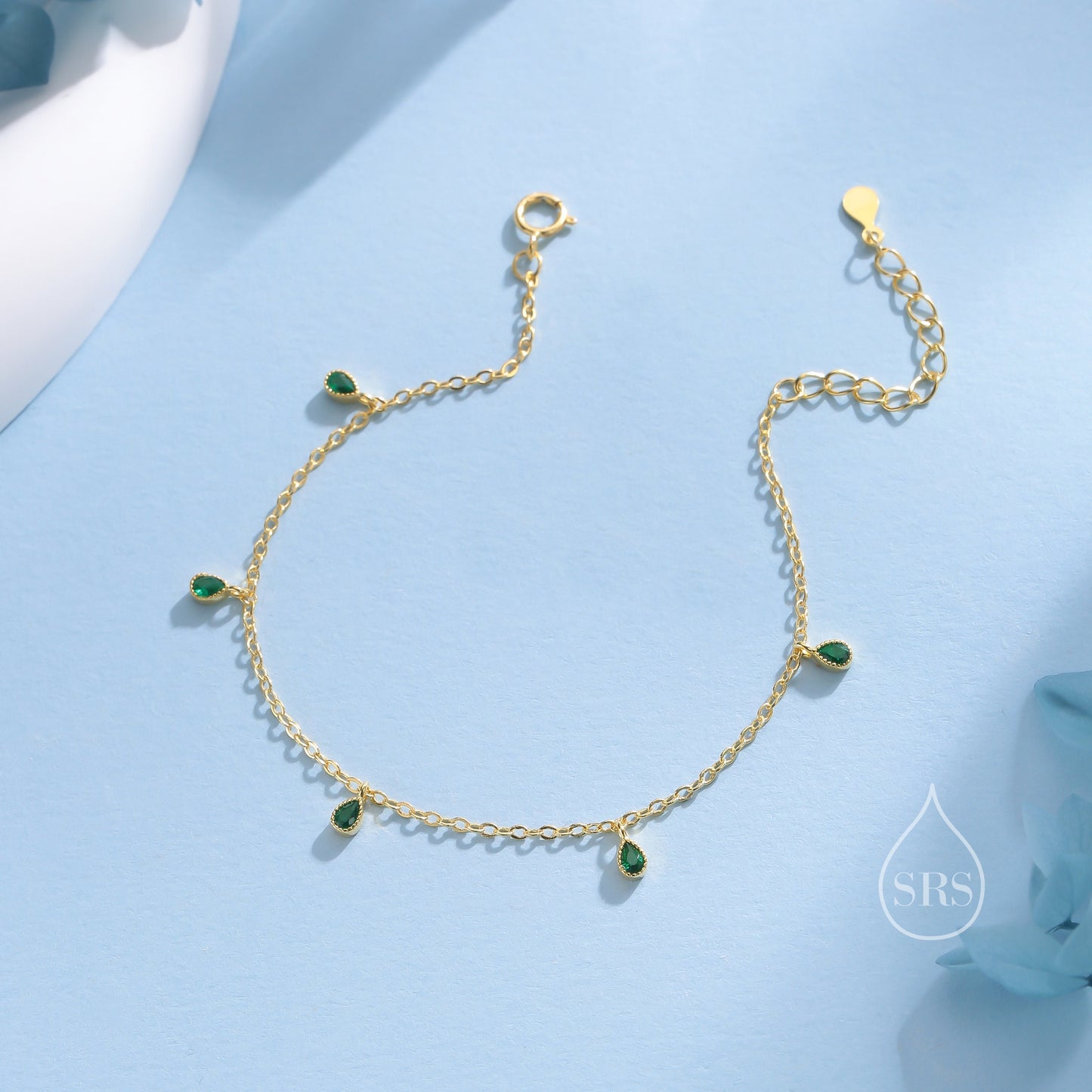 Emerald Green CZ Droplet Bracelet in Sterling Silver, Silver or Gold, Silver Blue CZ Pear Cut Bezel Bracelet, CZ Cluster Bracelet