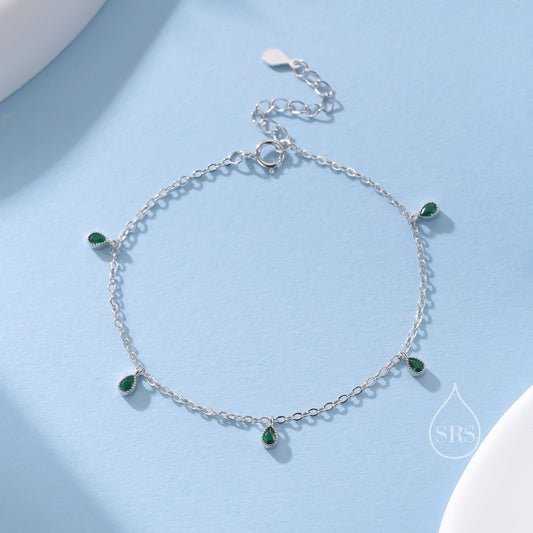 Emerald Green CZ Droplet Bracelet in Sterling Silver, Silver or Gold, Silver Blue CZ Pear Cut Bezel Bracelet, CZ Cluster Bracelet