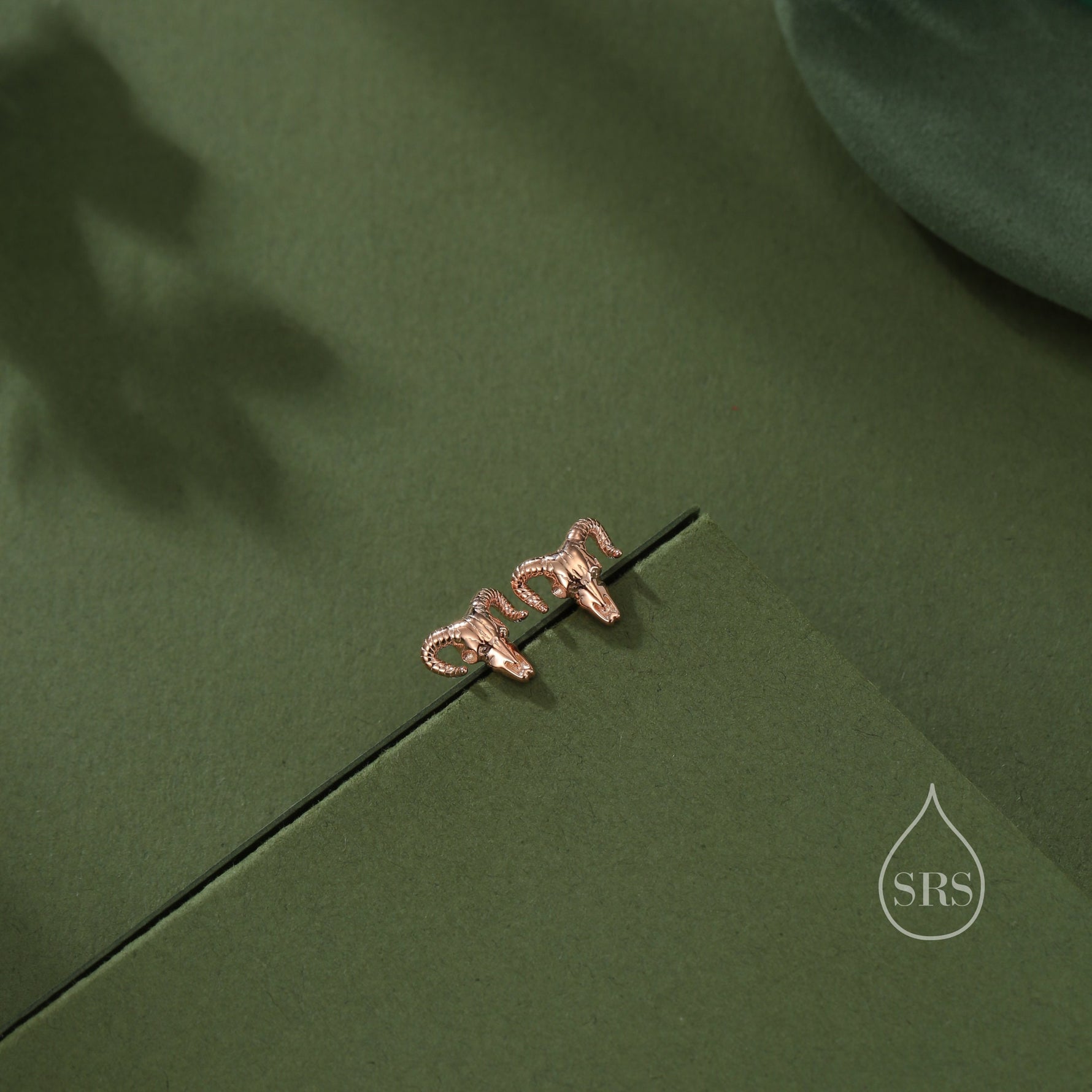 Sterling Silver Tiny Ram Skull Stud Earrings, Silver or Gold or Rose Gold, Ram Skeleton Earrings in Sterling Silver Ram Head Earrings,