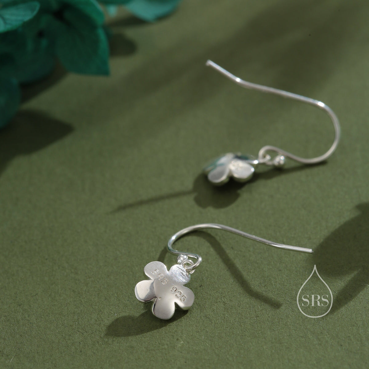 Tiny Forget Me Not Flower Drop Hook Earrings in Sterling Silver, Partial Gold, Flower hoop Earrings, Daisy Floral Earrings