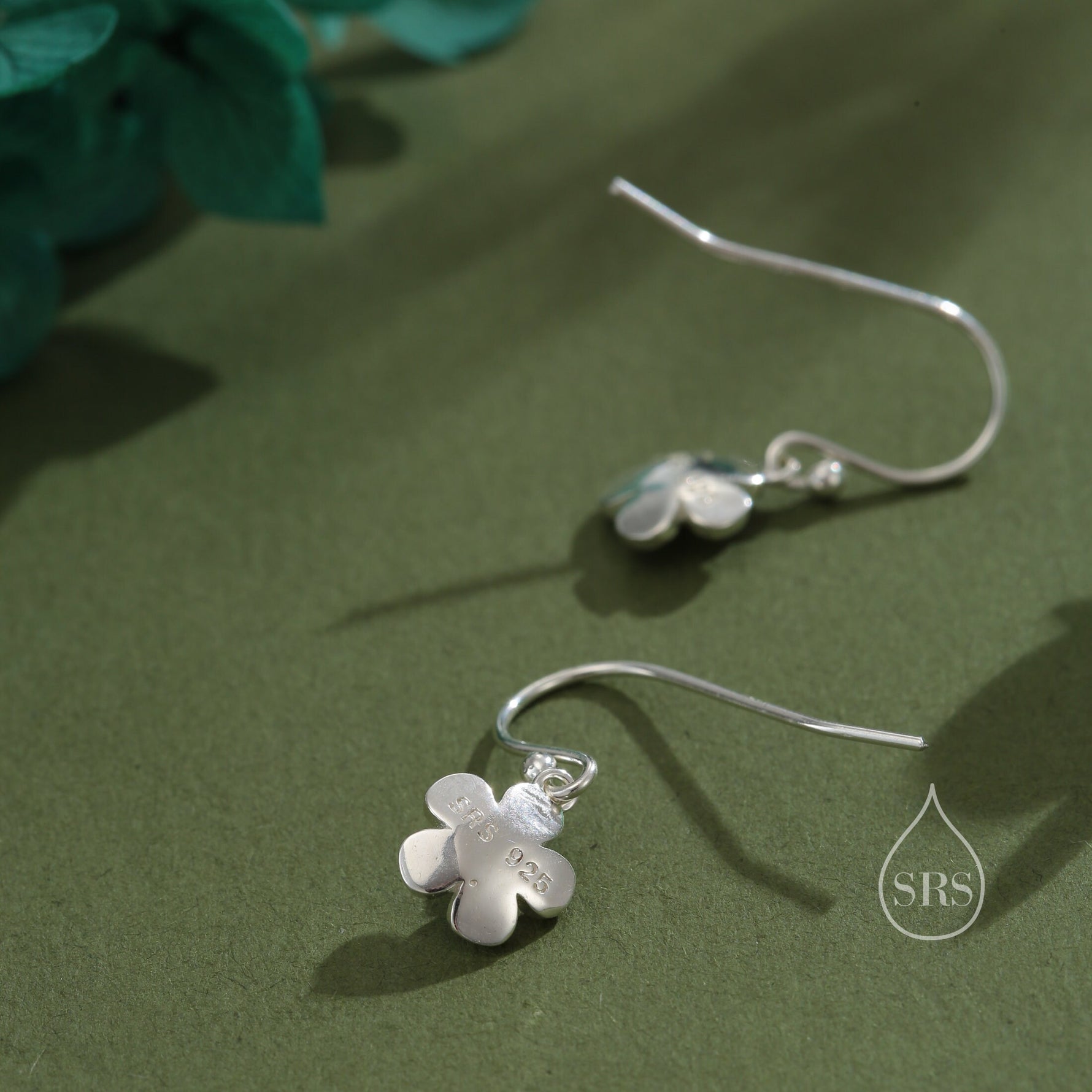 Tiny Forget Me Not Flower Drop Hook Earrings in Sterling Silver, Partial Gold, Flower hoop Earrings, Daisy Floral Earrings