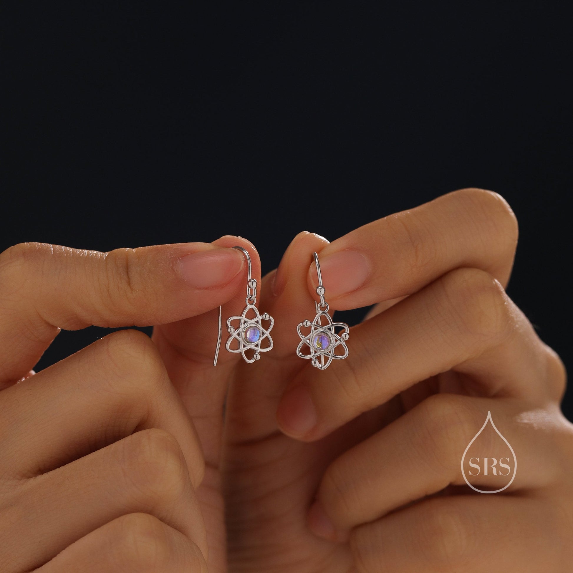 Atom Drop Hook Earrings in Sterling Silver with Simulated Moonstone, Silver or Gold or Rose Gold, Sterling Silver Atom Earrings