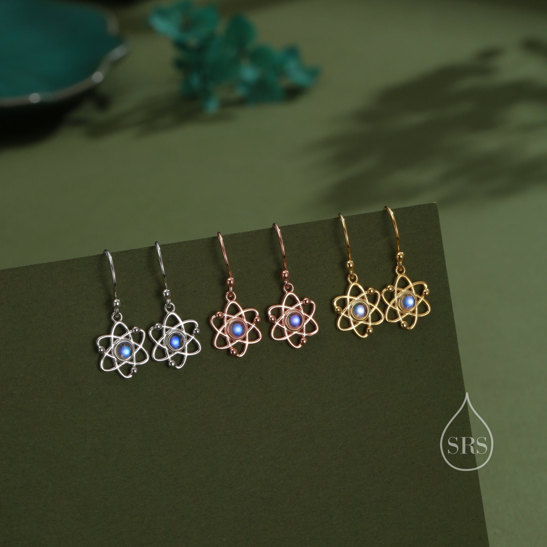 Atom Drop Hook Earrings in Sterling Silver with Simulated Moonstone, Silver or Gold or Rose Gold, Sterling Silver Atom Earrings