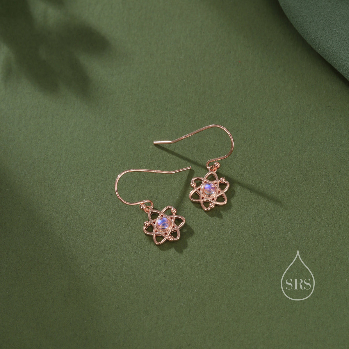 Atom Drop Hook Earrings in Sterling Silver with Simulated Moonstone, Silver or Gold or Rose Gold, Sterling Silver Atom Earrings