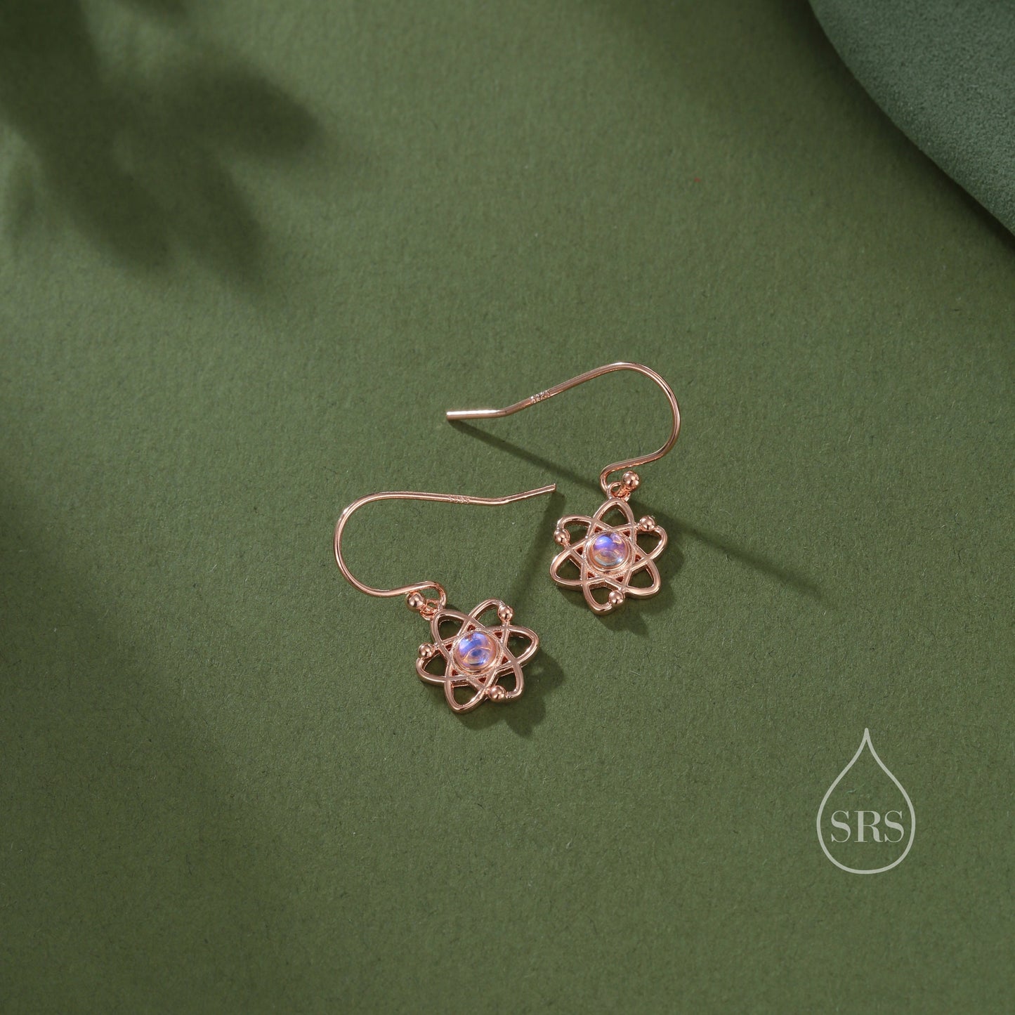 Atom Drop Hook Earrings in Sterling Silver with Simulated Moonstone, Silver or Gold or Rose Gold, Sterling Silver Atom Earrings