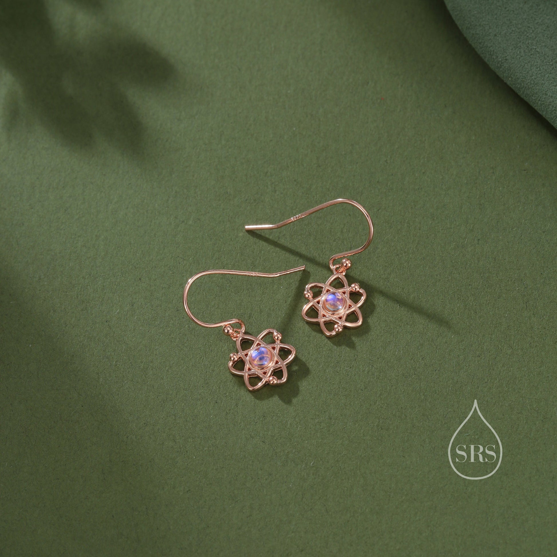 Atom Drop Hook Earrings in Sterling Silver with Simulated Moonstone, Silver or Gold or Rose Gold, Sterling Silver Atom Earrings