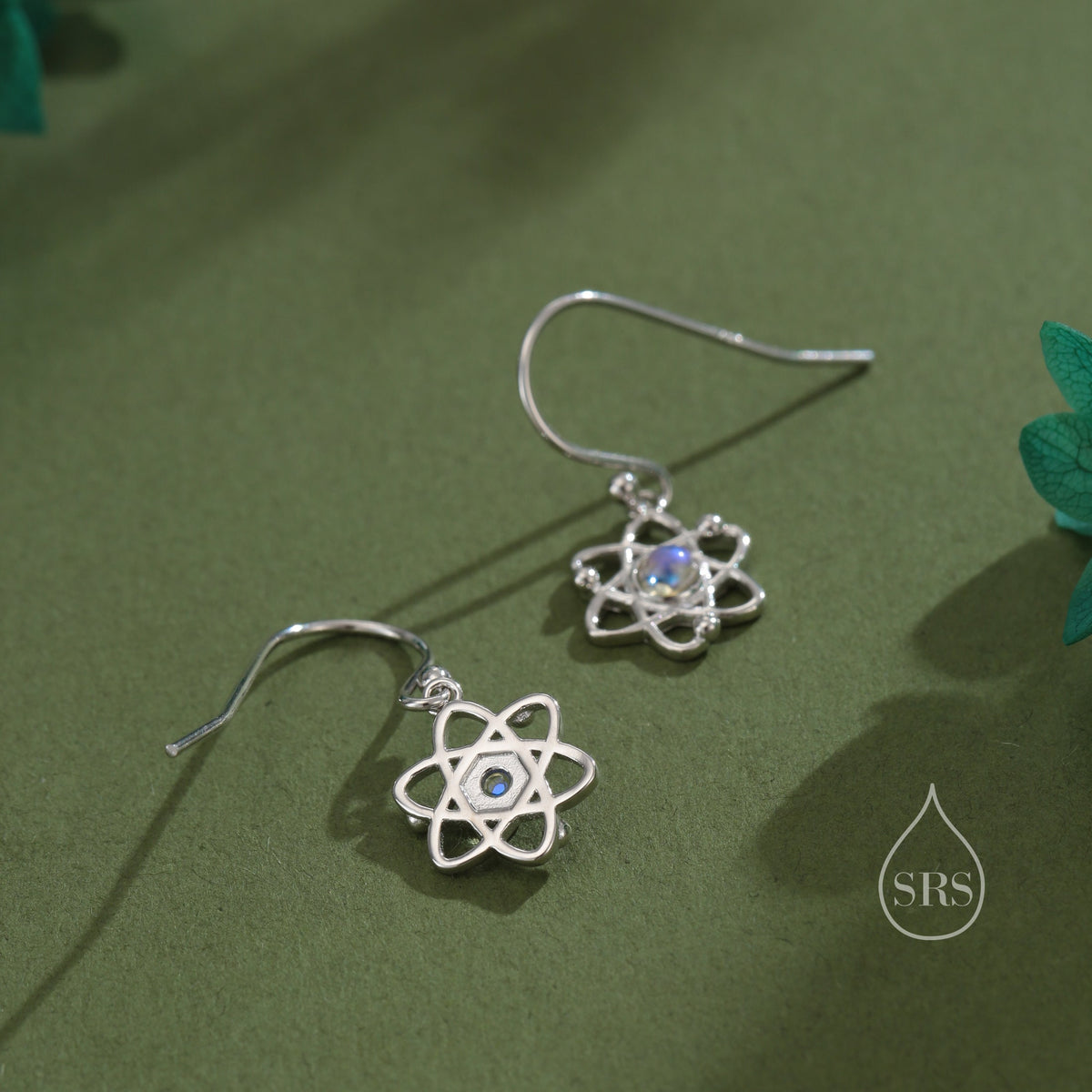 Atom Drop Hook Earrings in Sterling Silver with Simulated Moonstone, Silver or Gold or Rose Gold, Sterling Silver Atom Earrings