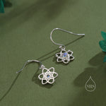 Atom Drop Hook Earrings in Sterling Silver with Simulated Moonstone, Silver or Gold or Rose Gold, Sterling Silver Atom Earrings