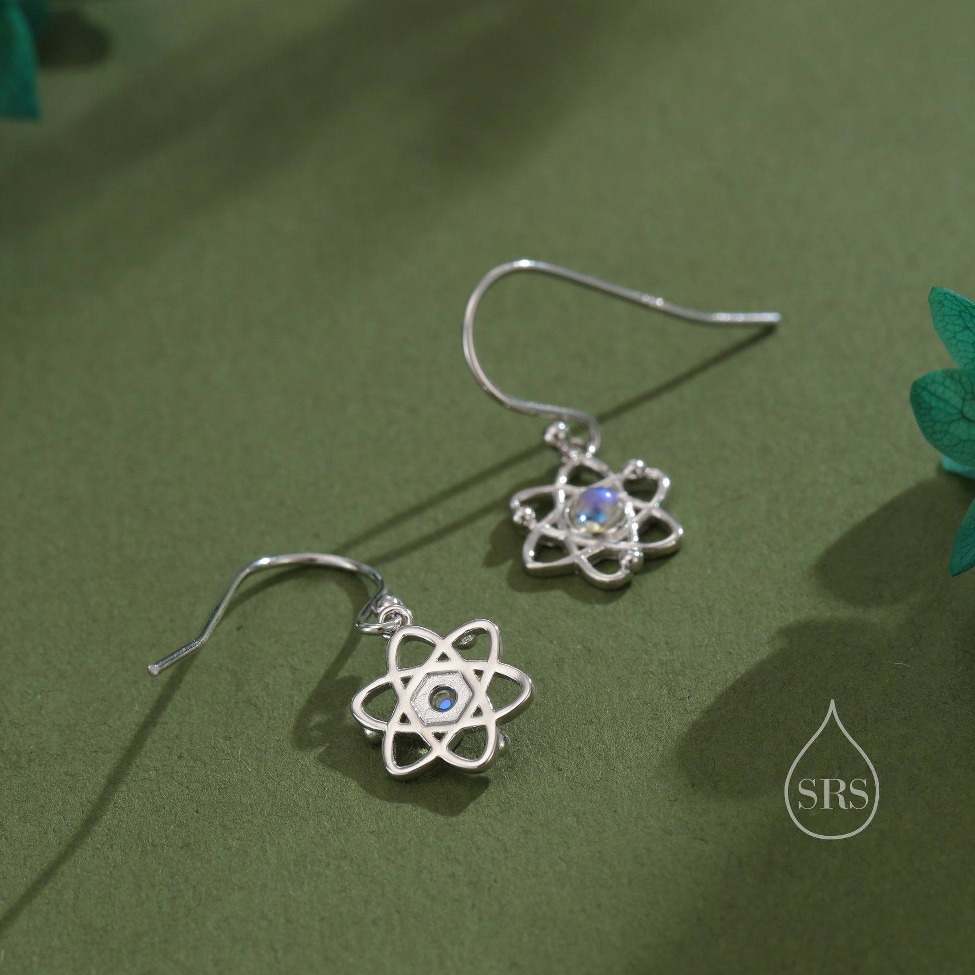 Atom Drop Hook Earrings in Sterling Silver with Simulated Moonstone, Silver or Gold or Rose Gold, Sterling Silver Atom Earrings