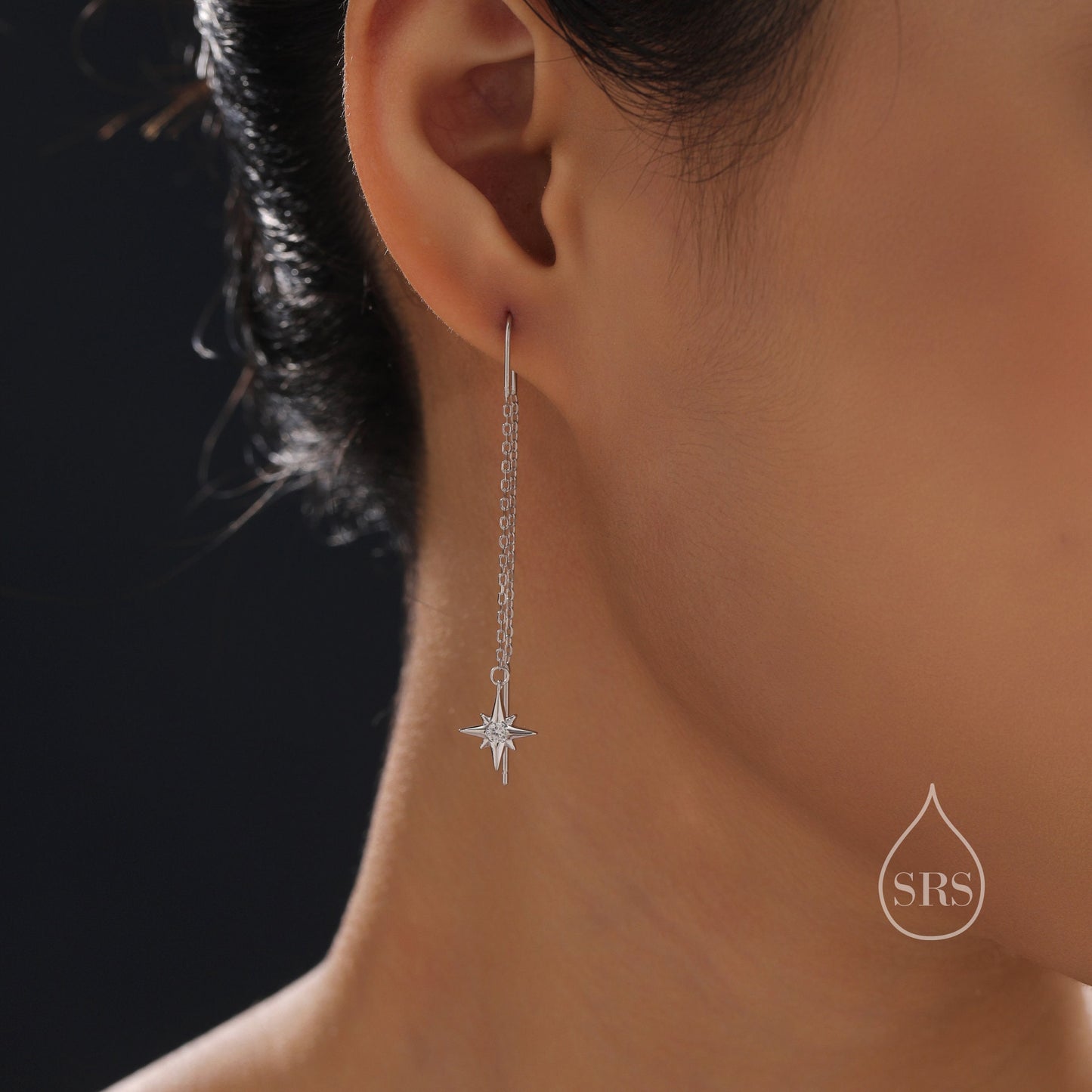 CZ Starburst U Shape Threader Earrings in Sterling Silver, Silver or Gold or rose gold, Star Ear Threaders, Star Earrings