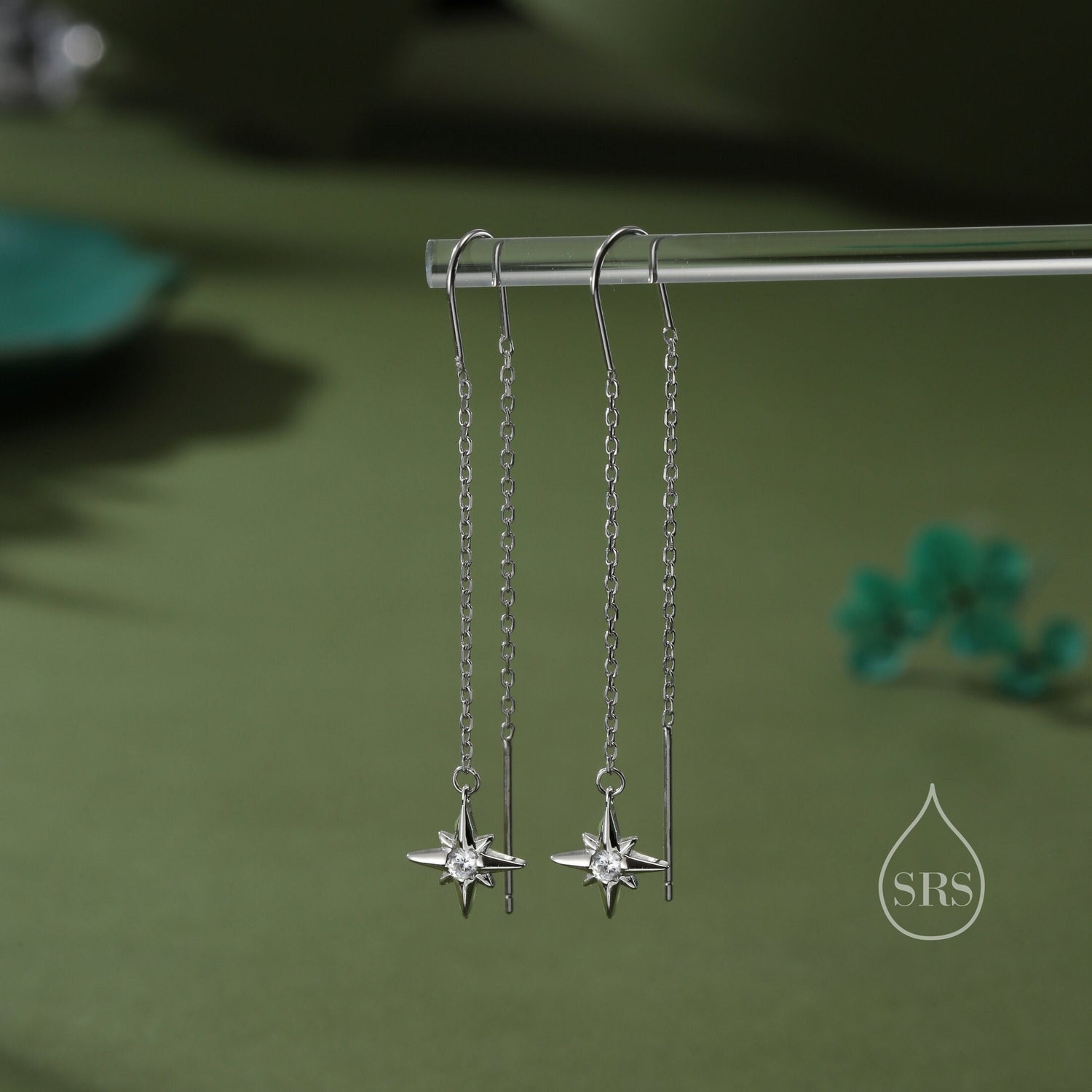 CZ Starburst U Shape Threader Earrings in Sterling Silver, Silver or Gold or rose gold, Star Ear Threaders, Star Earrings