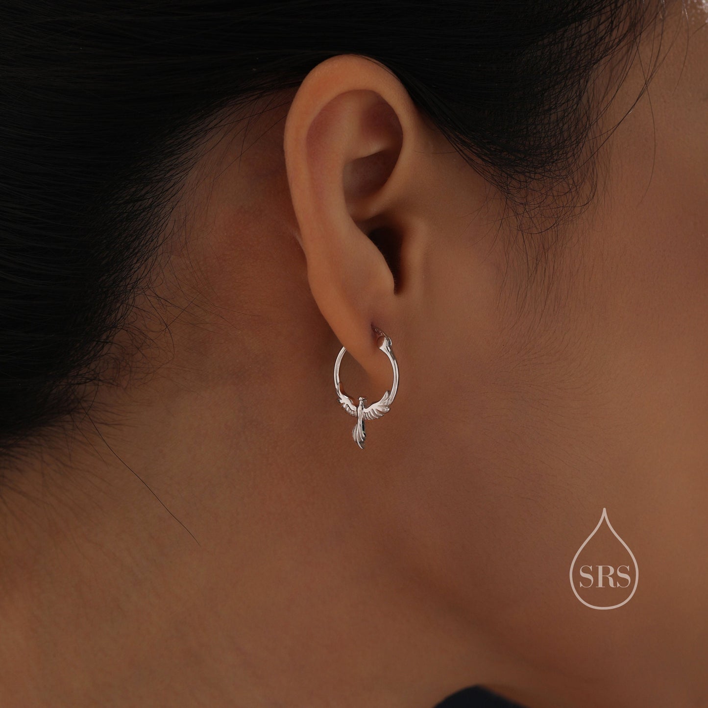 Sterling Silver Phoenix Hoops, Silver, Gold or Rose Gold, Phoenix Earrings, Phoenix Bird Earrings, Phoenix Hoop Earrings, Lever Hoops