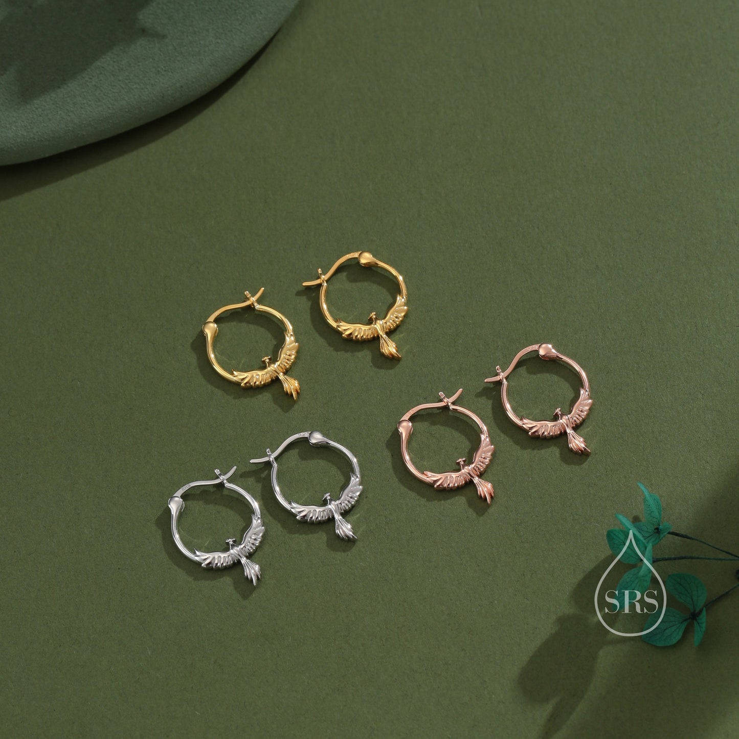 Sterling Silver Phoenix Hoops, Silver, Gold or Rose Gold, Phoenix Earrings, Phoenix Bird Earrings, Phoenix Hoop Earrings, Lever Hoops