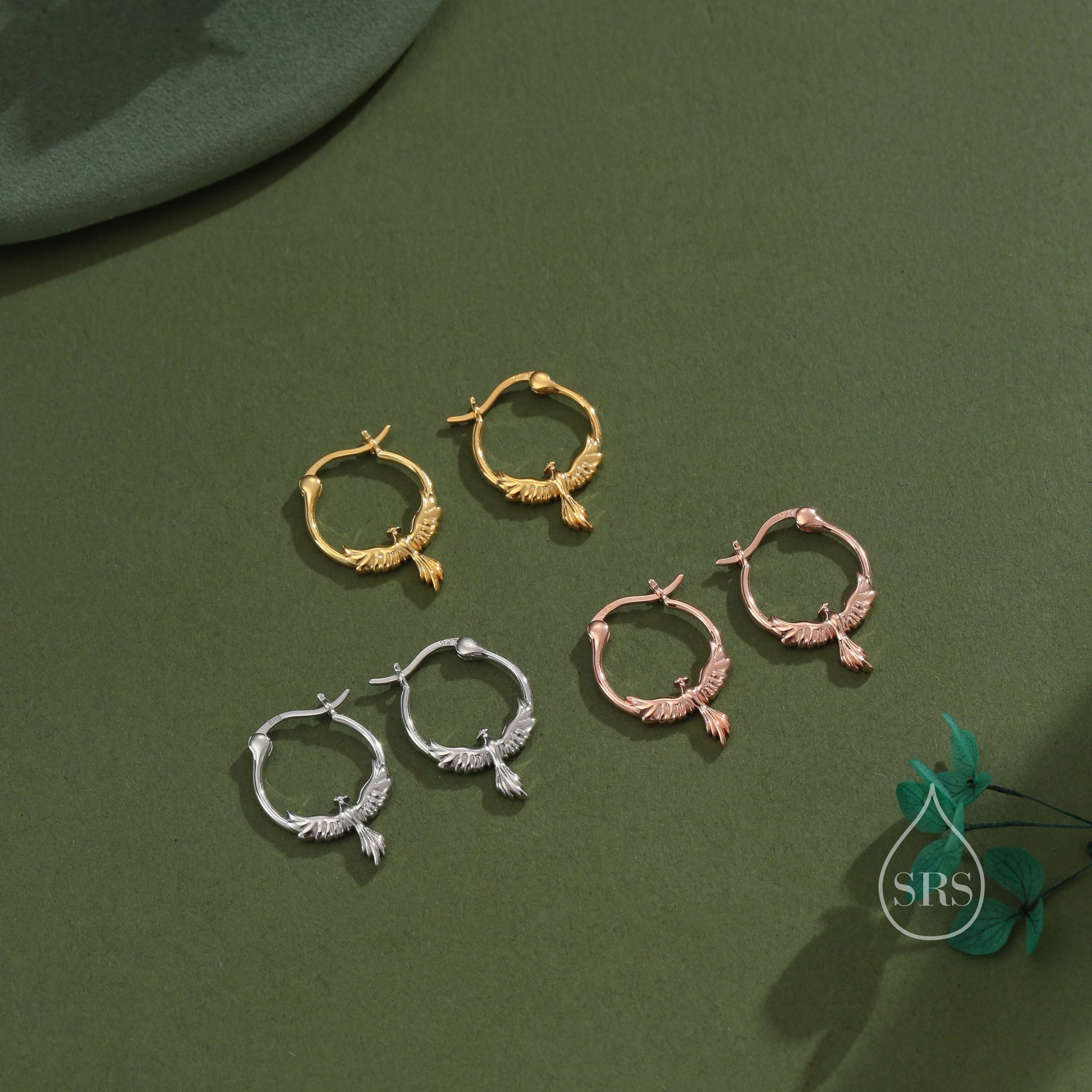 Sterling Silver Phoenix Hoops, Silver, Gold or Rose Gold, Phoenix Earrings, Phoenix Bird Earrings, Phoenix Hoop Earrings, Lever Hoops