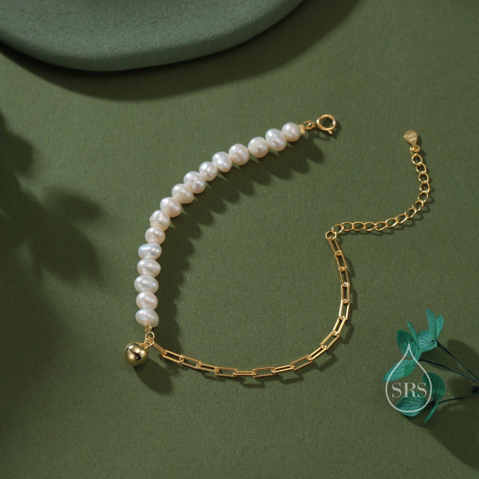 Sterling Silver Pearl and Paperclip Beaded Bracelet, Silver or Gold, Genuine Freshwater Pearls, Natural Pearl Bracelet, Ivory Pearls