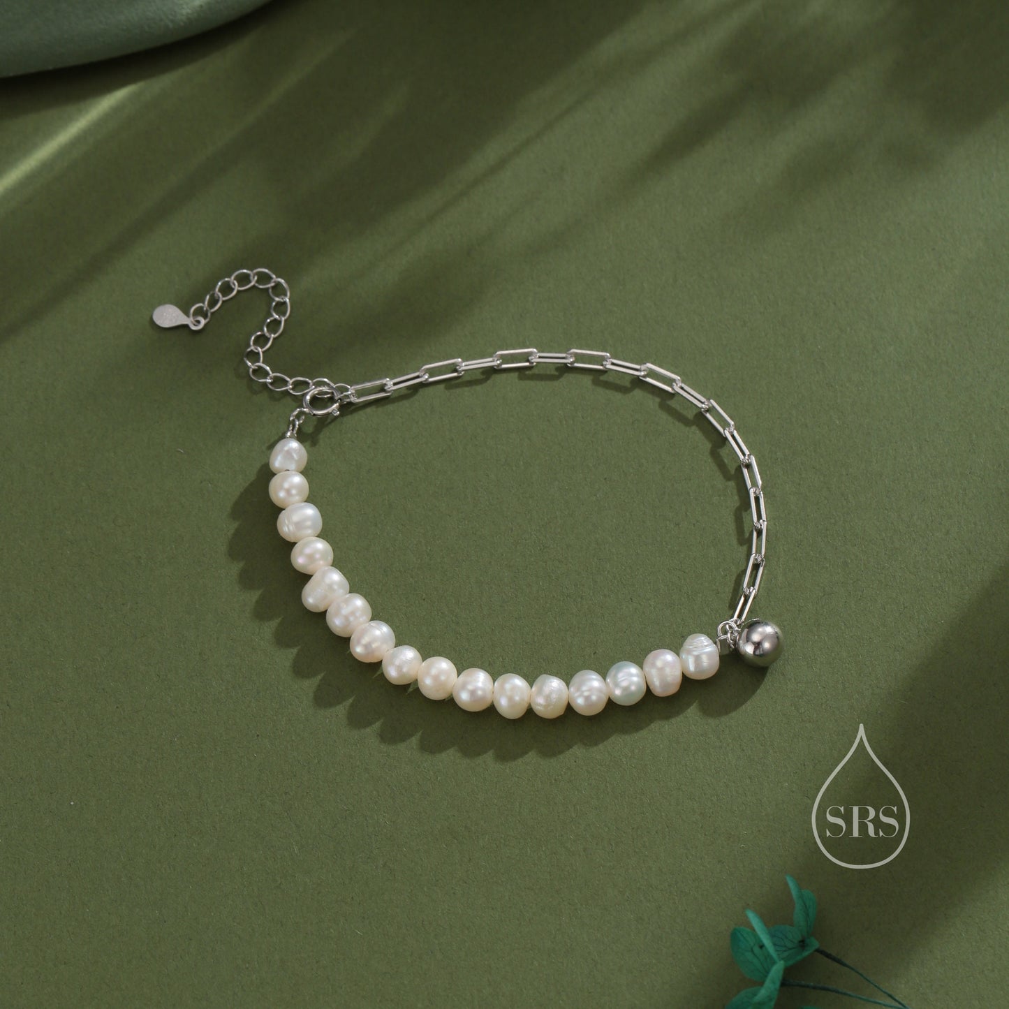 Sterling Silver Pearl and Paperclip Beaded Bracelet, Silver or Gold, Genuine Freshwater Pearls, Natural Pearl Bracelet, Ivory Pearls