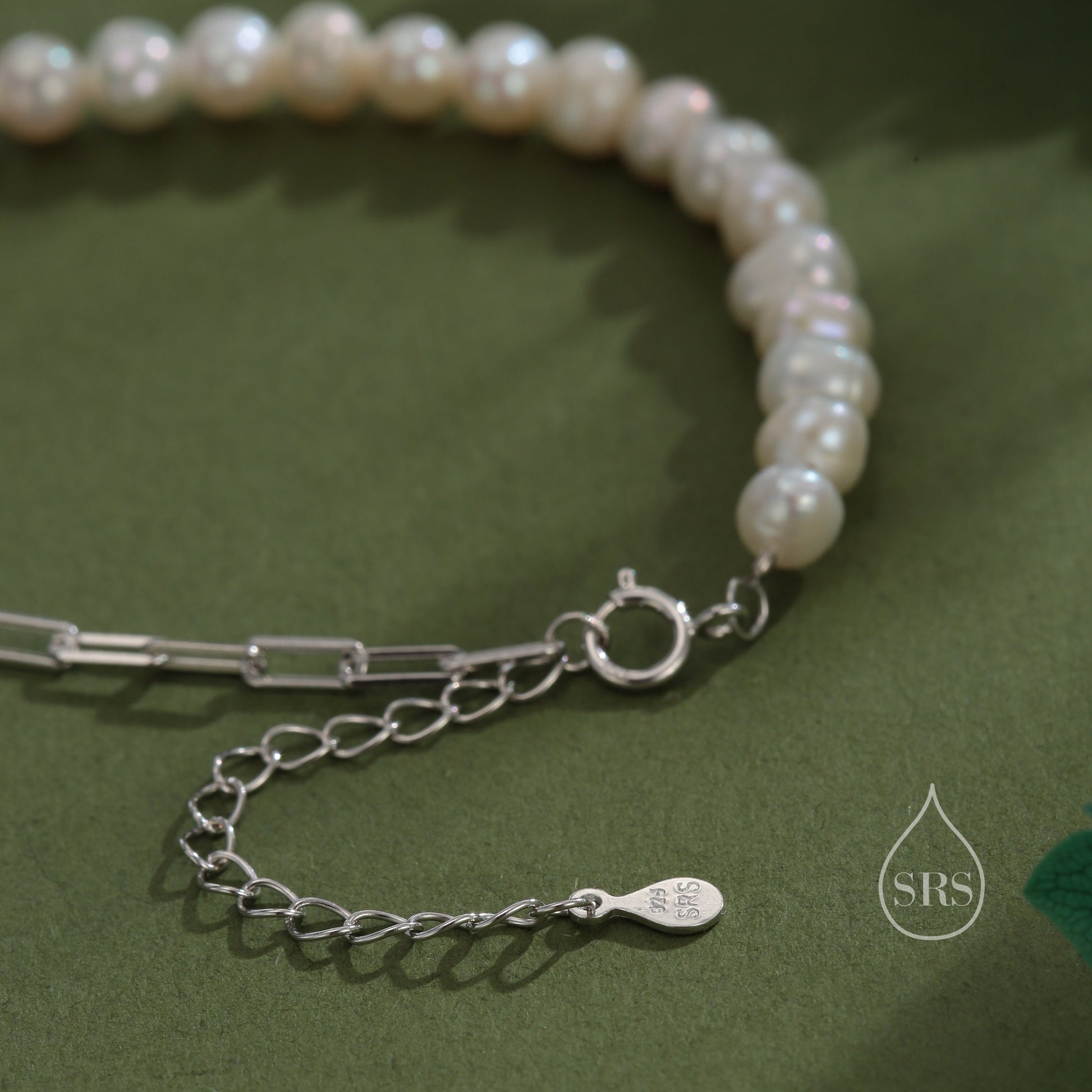 Sterling Silver Pearl and Paperclip Beaded Bracelet, Silver or Gold, Genuine Freshwater Pearls, Natural Pearl Bracelet, Ivory Pearls