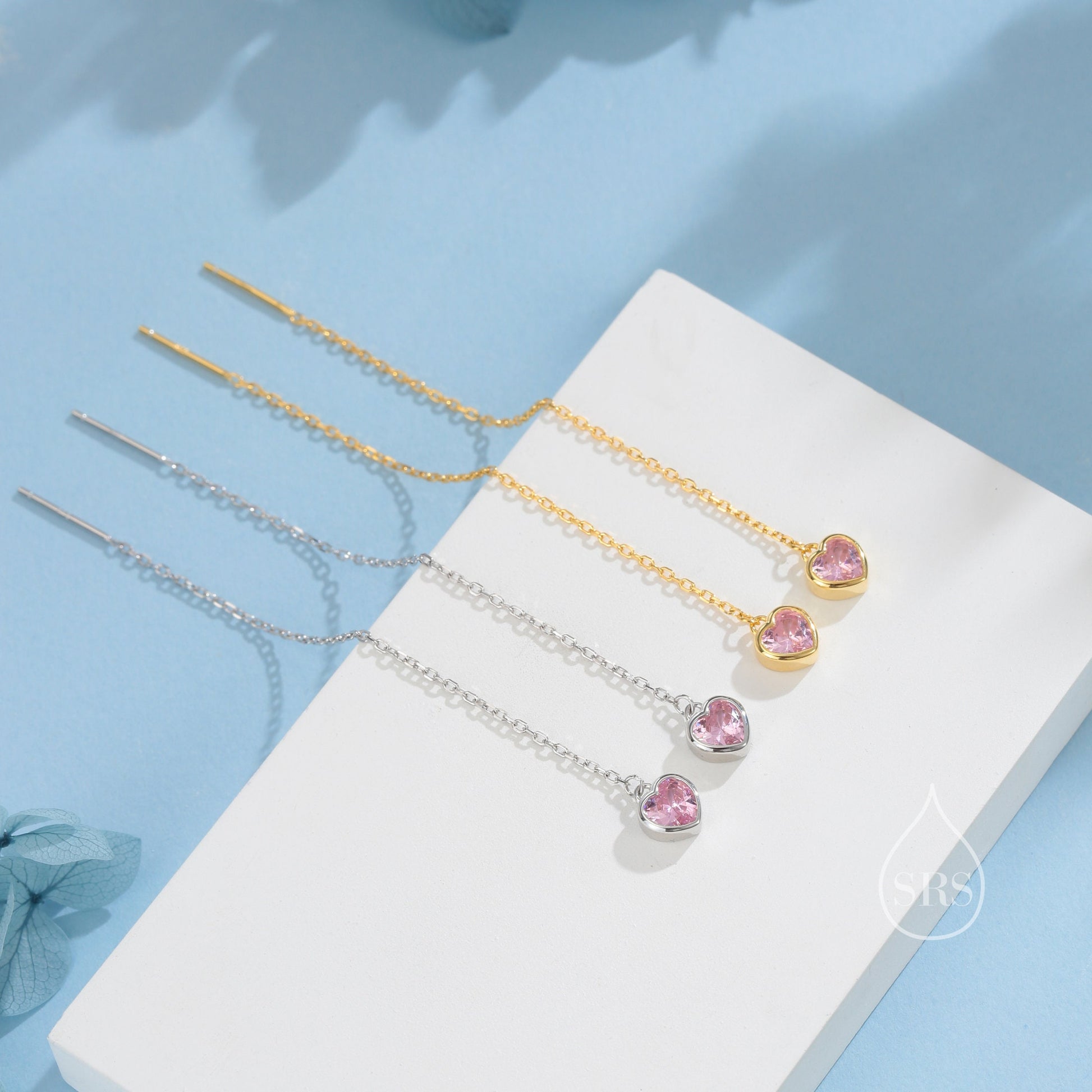 Tiny Pink CZ Heart Threader Earrings in Sterling Silver, 9cm, Silver or Gold, Dainty Heart Ear Threaders, Delicate Heart Threaders