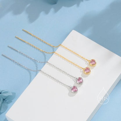 Tiny Pink CZ Heart Threader Earrings in Sterling Silver, 9cm, Silver or Gold, Dainty Heart Ear Threaders, Delicate Heart Threaders