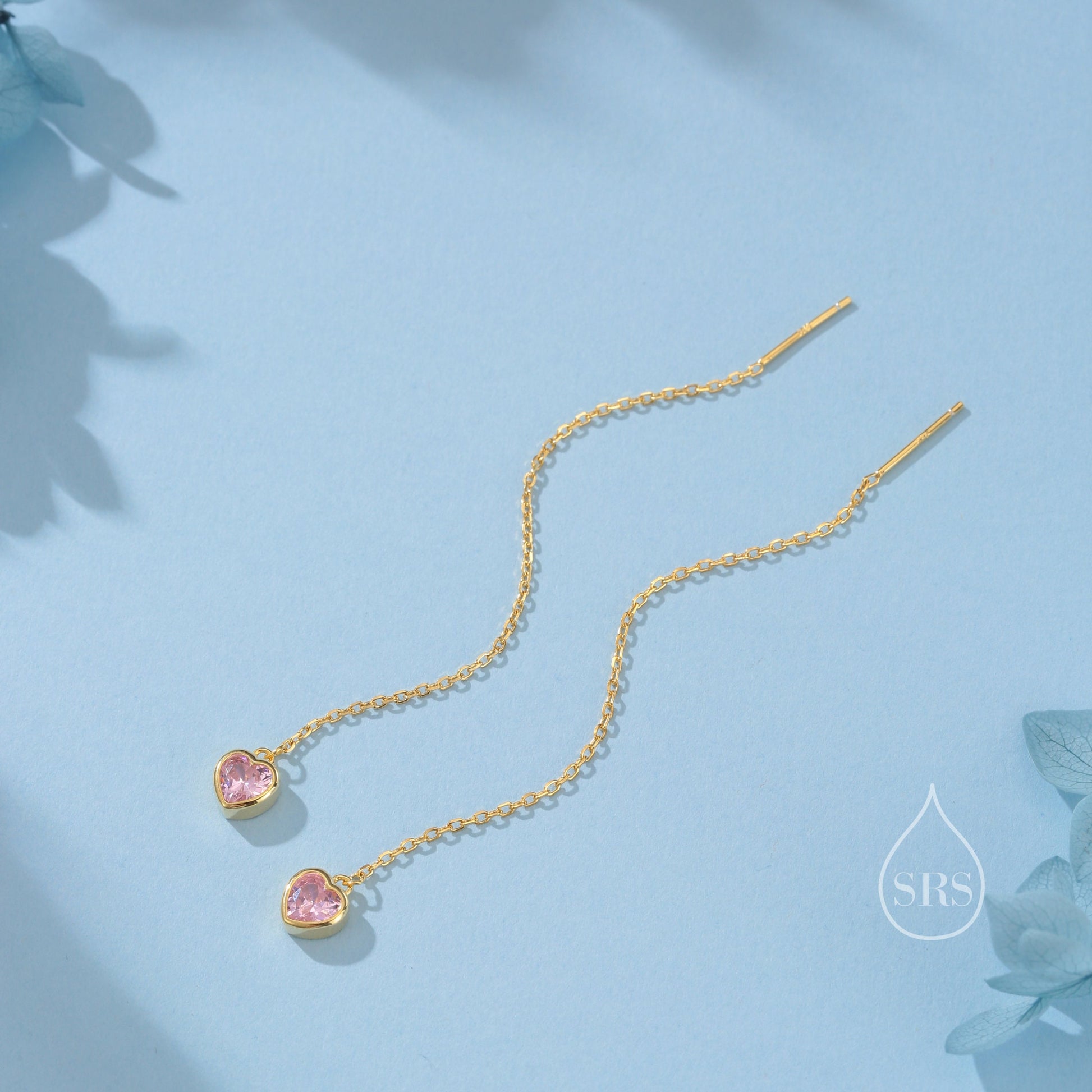 Tiny Pink CZ Heart Threader Earrings in Sterling Silver, 9cm, Silver or Gold, Dainty Heart Ear Threaders, Delicate Heart Threaders