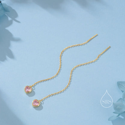 Tiny Pink CZ Heart Threader Earrings in Sterling Silver, 9cm, Silver or Gold, Dainty Heart Ear Threaders, Delicate Heart Threaders