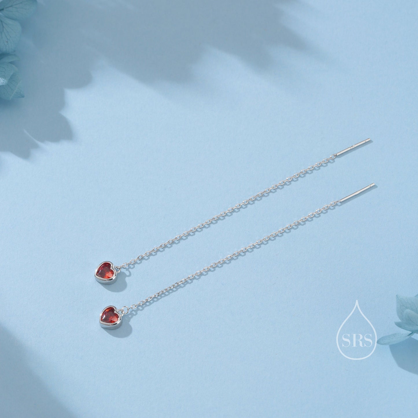 Tiny Garnet Red CZ Heart Threader Earrings in Sterling Silver, 9cm, Silver or Gold, Dainty Heart Ear Threaders, Delicate Heart Threaders