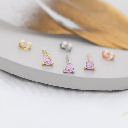 Sterling Silver Tourmaline Pink Stud Earrings,  3mm October Birthstone CZ Earrings, Three Prong, Silver, Gold or Rose Gold, Stacking Earring