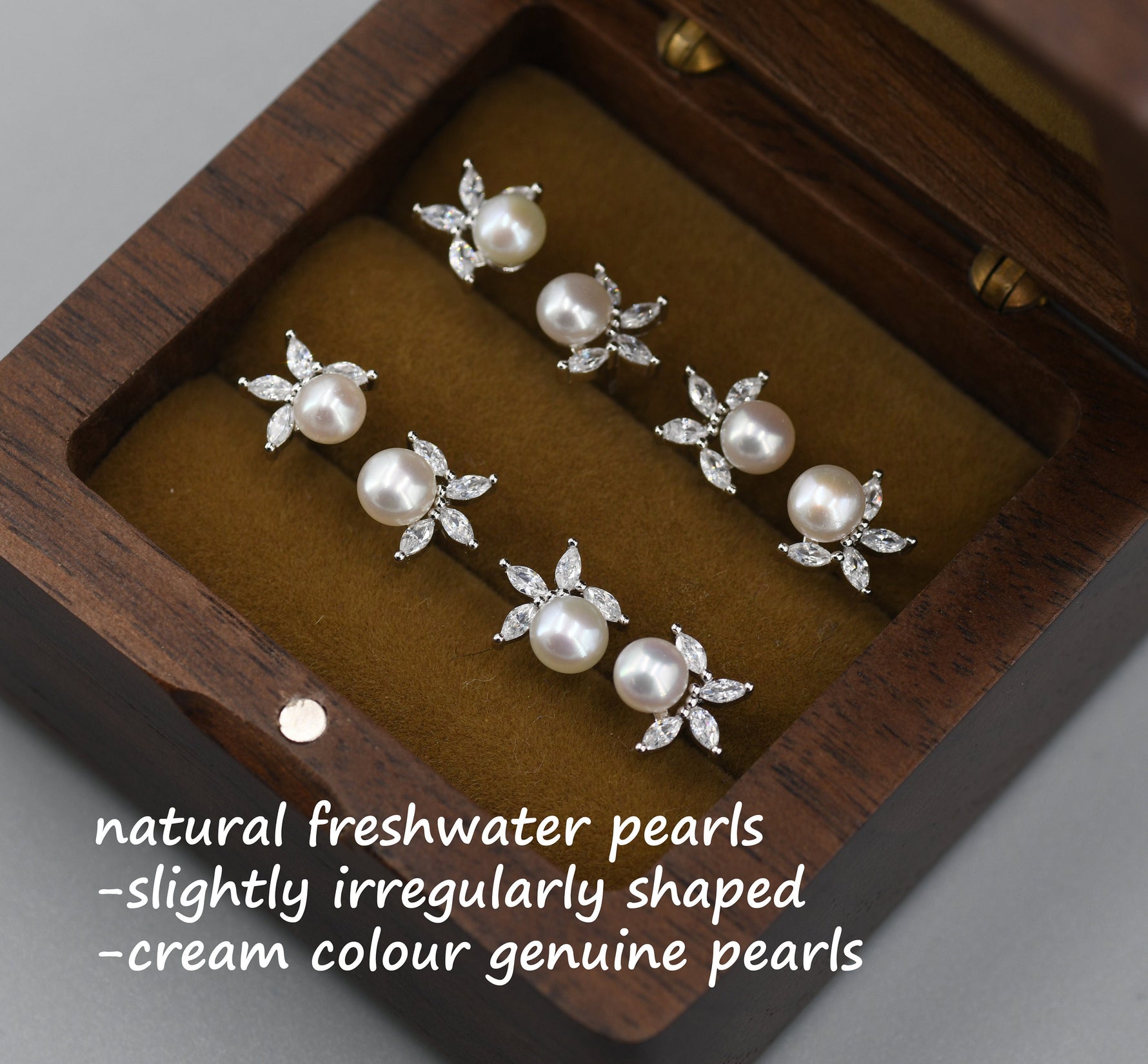 Genuine Freshwater Pearl with Marquise CZ Stud Earrings in Sterling Silver, Available in Three Pearl Colours, Delicate Pearl and CZ Earrings